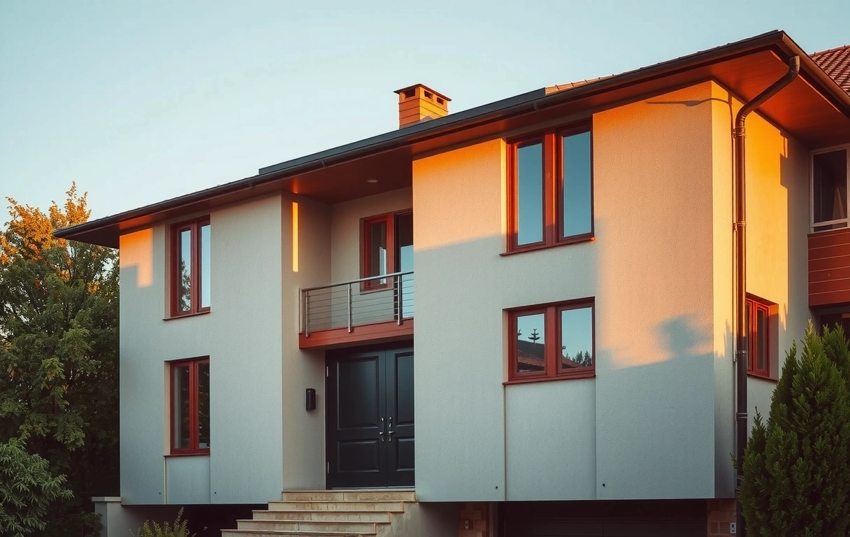 Fachada de Residencial El Nogal al atardecer